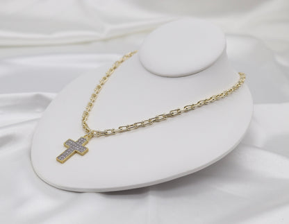 Gold Graduate Link Necklace with CZ Paved Cross Pendant