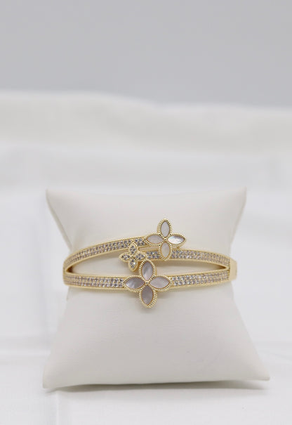 Gold Clover Pavé Double-Band Bangle Bracelet