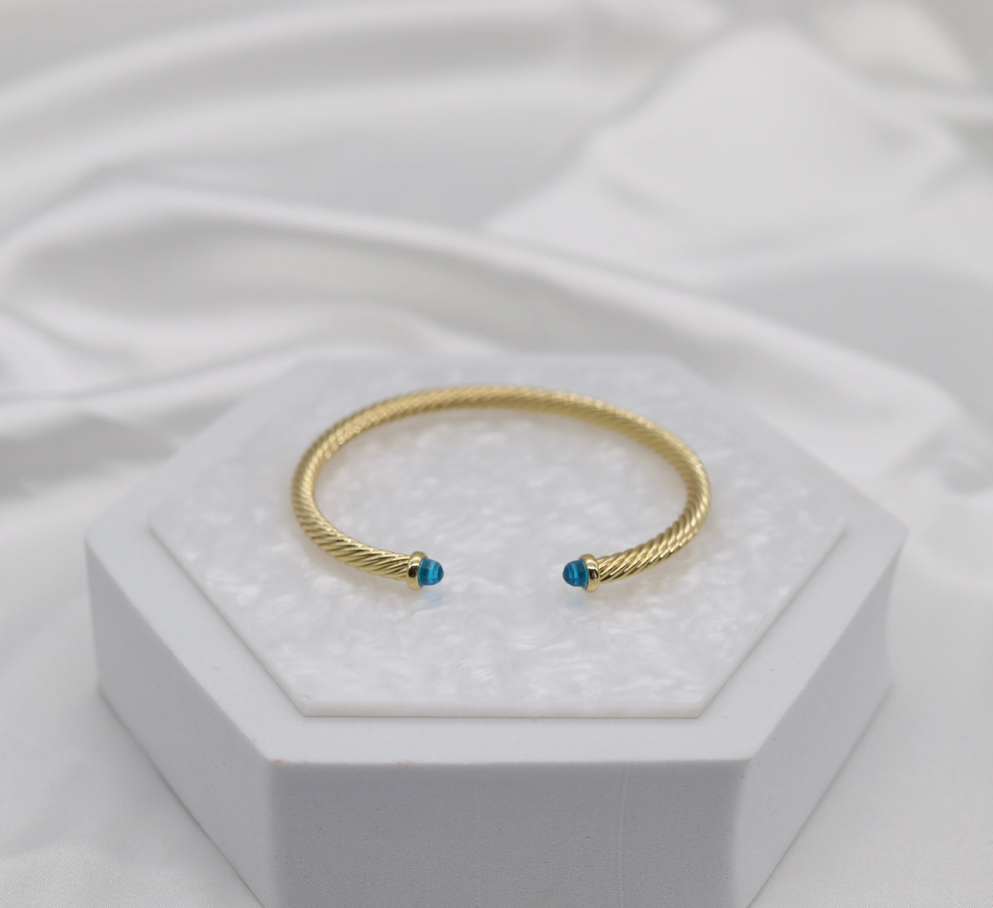 Blue 4mm Cuff Gold Cable Bracelet