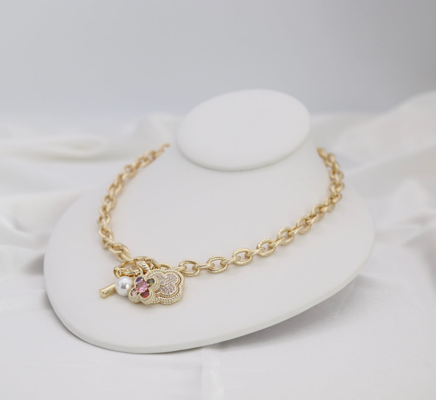 Gold Rope Chain Charm Necklace with Gold Accents & Multi-Charm Cluster