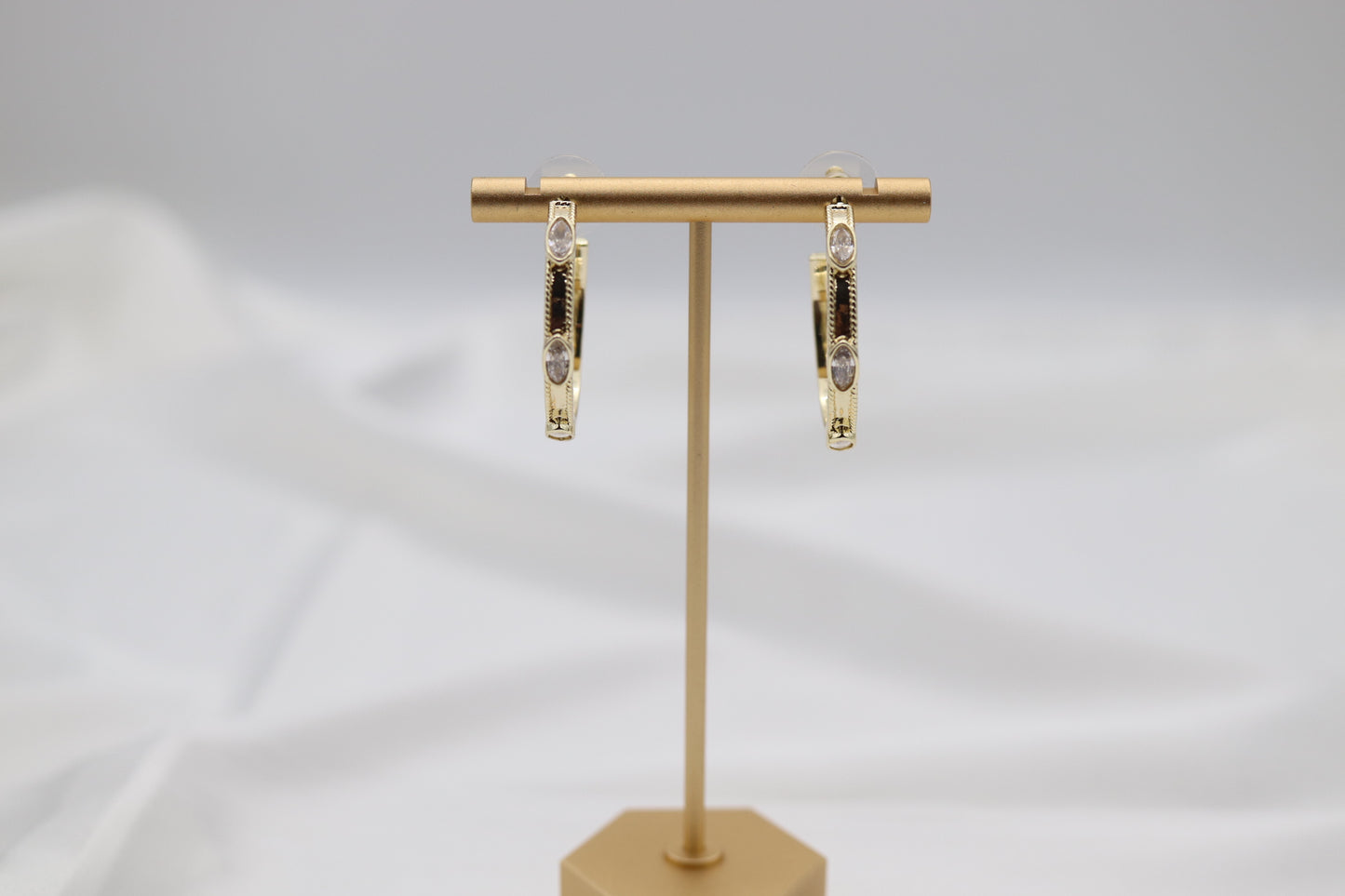 Gold Hoop Oval CZ Station Earrings