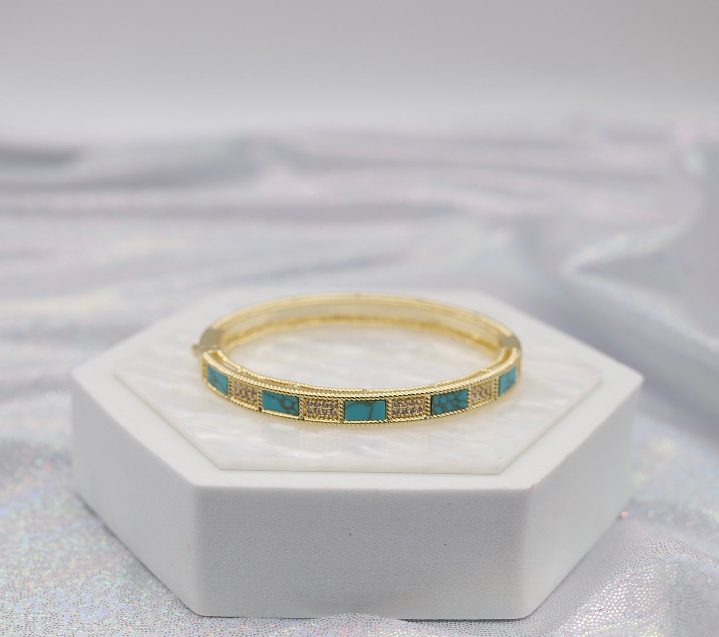 Gold Hinge Bangle Braclet With Turquoise And CZ Paved Stations