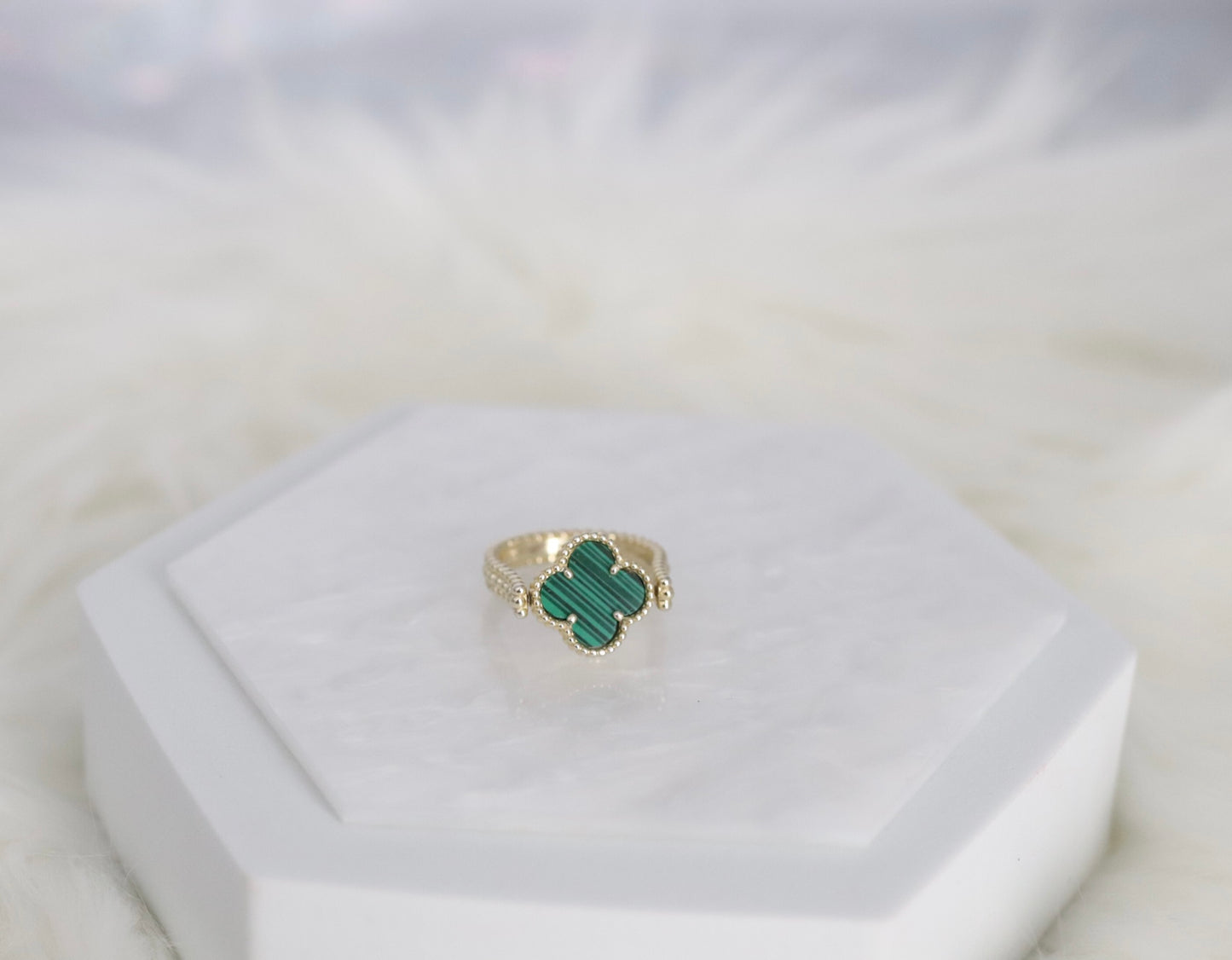 Dark Teak Green Clover Gold Reversible Ring - Size 8