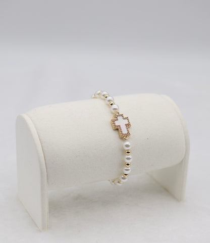 Mother of Pearl Cross & Pearl Beaded Bracelet – Faithful Elegance