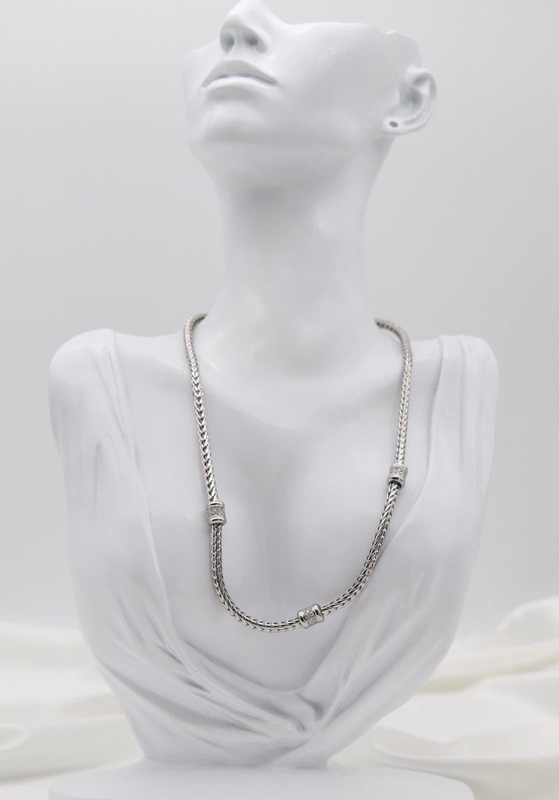 Silver Tone Woven Collar Necklace with Crystal Accent Rings