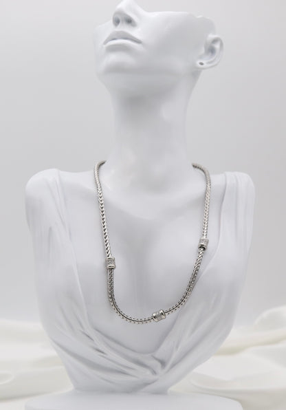 Silver Tone Woven Collar Necklace with Crystal Accent Rings