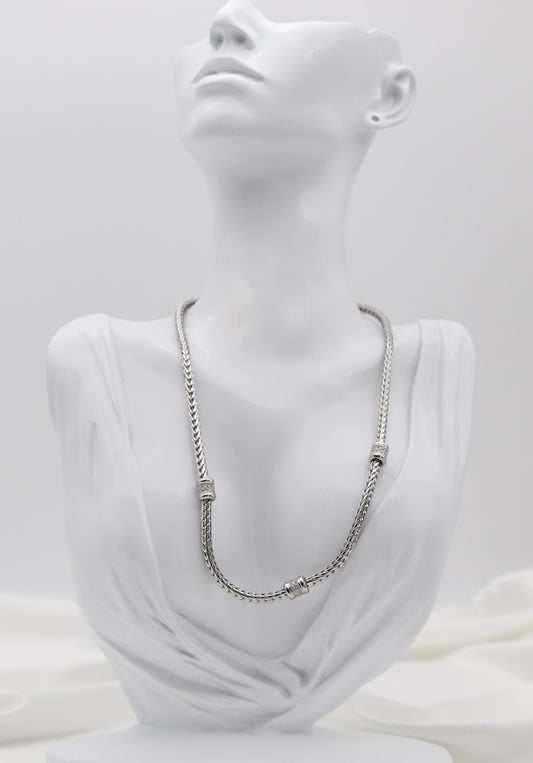 Silver Tone Woven Collar Necklace with Crystal Accent Rings