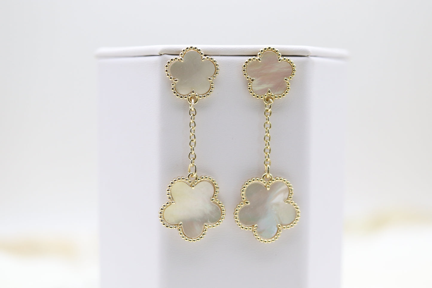 Gold Plated Mother of Pearl Five Leaf Flower Petal Pendant Earrings