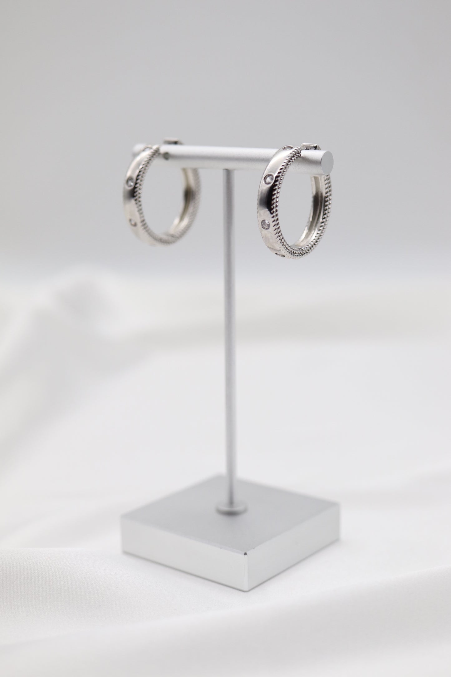 Silver CZ Station Hoop Earrings