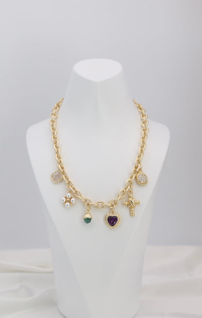 Mixed Charm Gold Chain Necklace – Heart, Pearl & Crystal Charm Statement Necklace