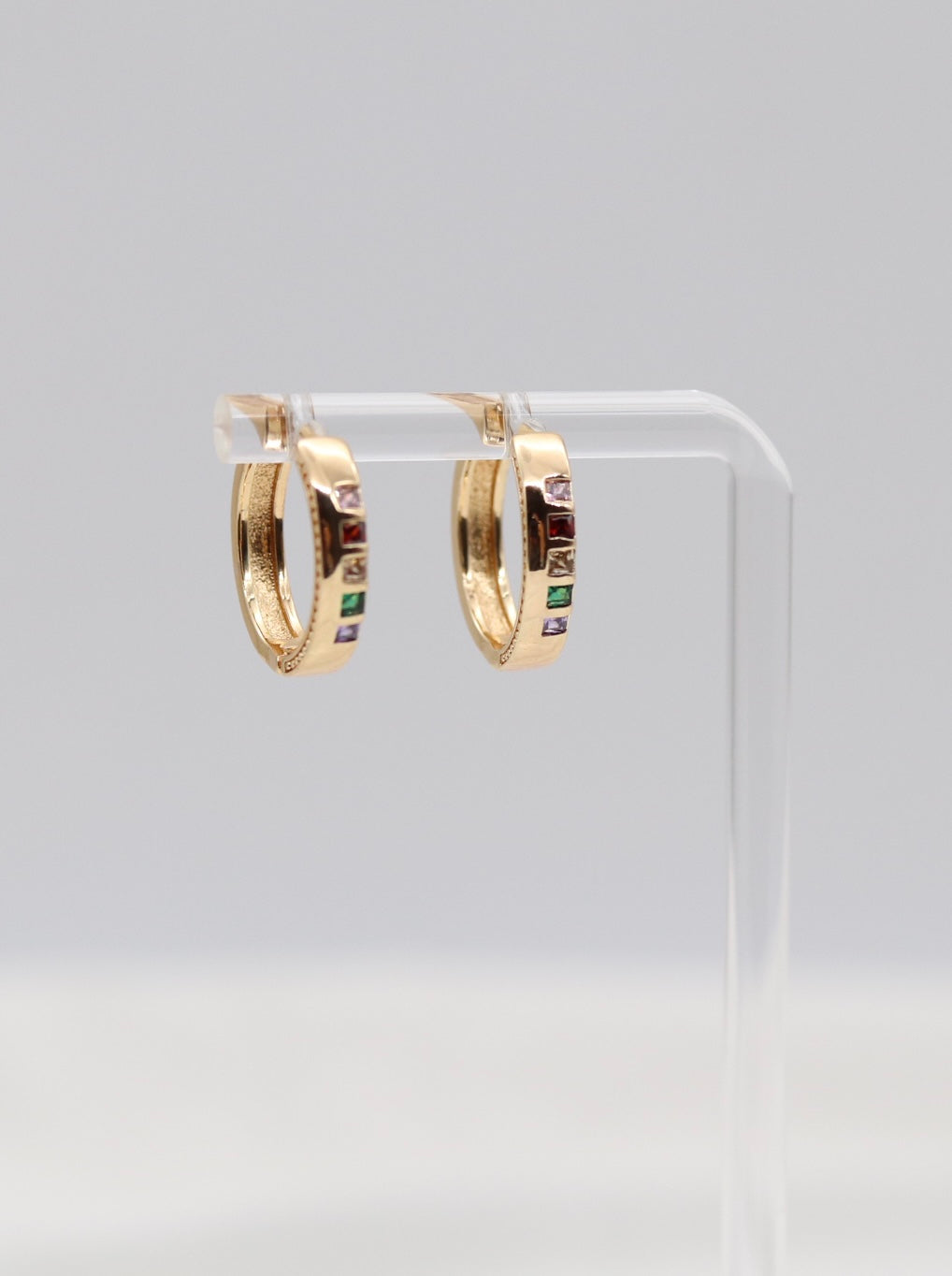 Rainbow Gemstone Huggie Hoop Earrings – Gold Multi-Color Crystal Hoops