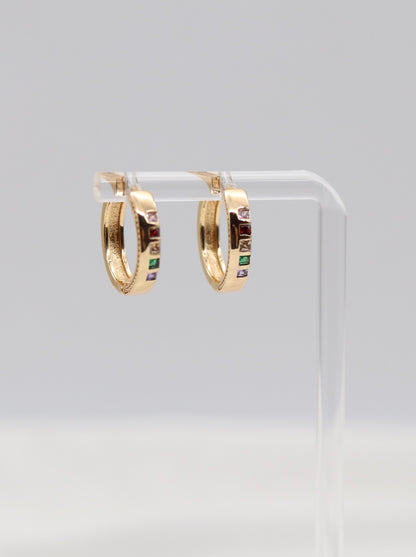 Rainbow Gemstone Huggie Hoop Earrings – Gold Multi-Color Crystal Hoops
