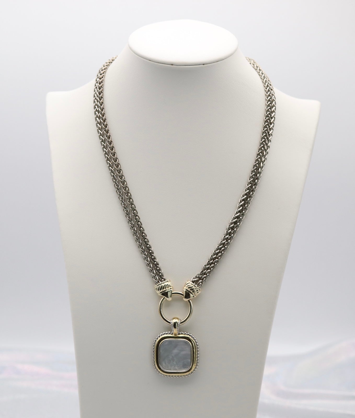 Double Layered Silver Rope Necklace With Pearl Square Pendant