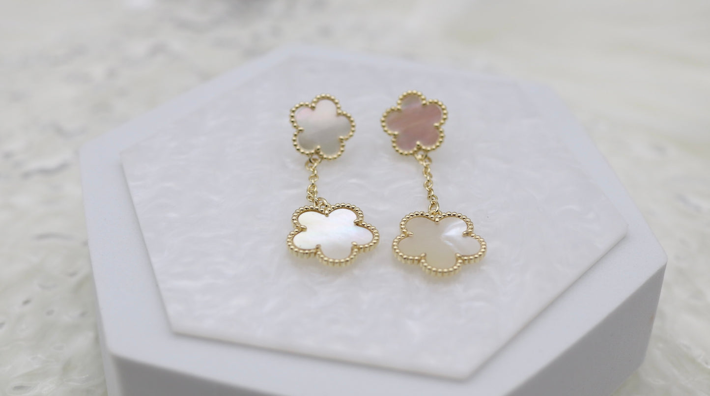 Gold Plated Mother of Pearl Five Leaf Flower Petal Pendant Earrings