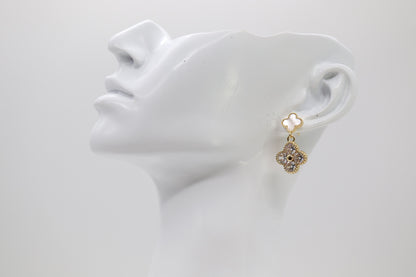 Gold and Pearl CZ Clover Earrings