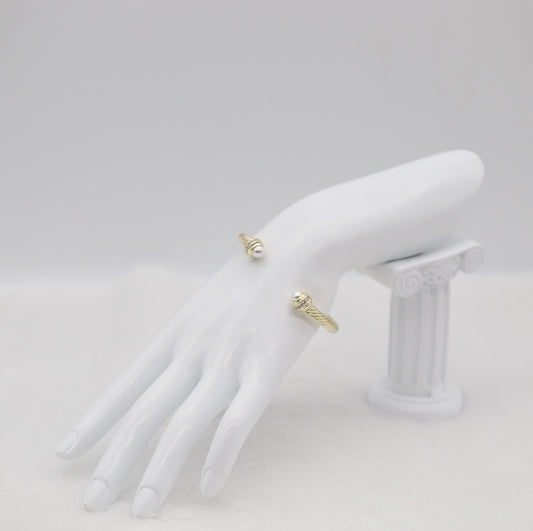Gold Cable Cuff Bracelet with Pearl and Crystal Accents