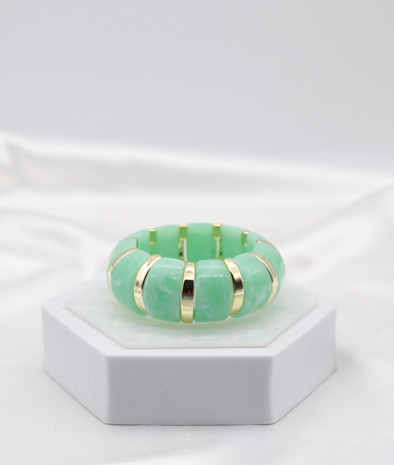 Mint Green Marble Stretch Bracelet with Polished Gold Accents