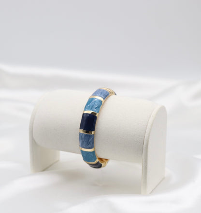 Gold Blue Multi-Tone Enamel Hinged Bangle Bracelet