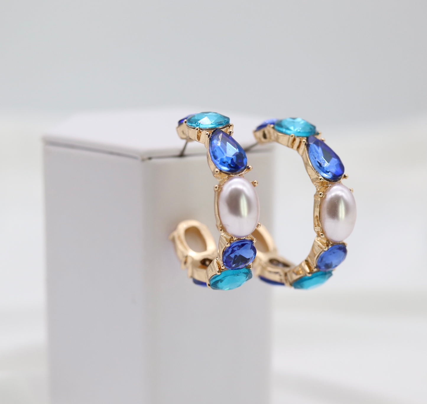 Blue Glass Stone Hoop Earring