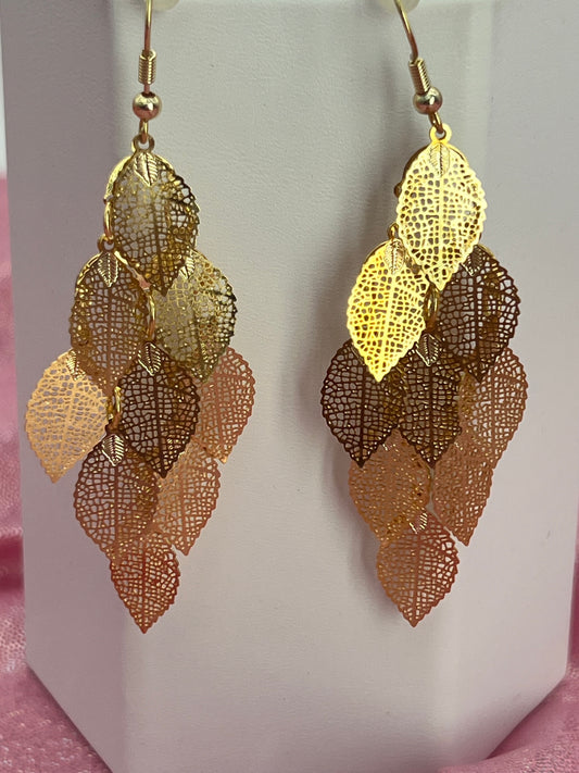 Bohemian Multi Layered Filigree Leaves Dangle Drop Long Statement Earrings, Gold