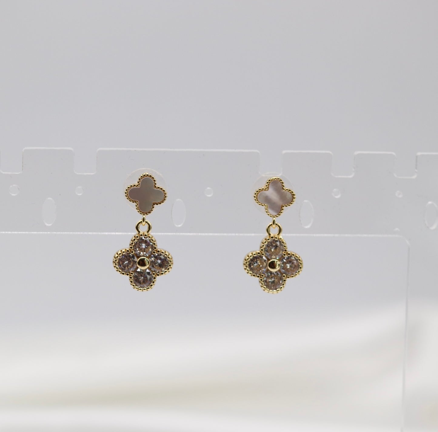 Gold and Pearl CZ Clover Earrings