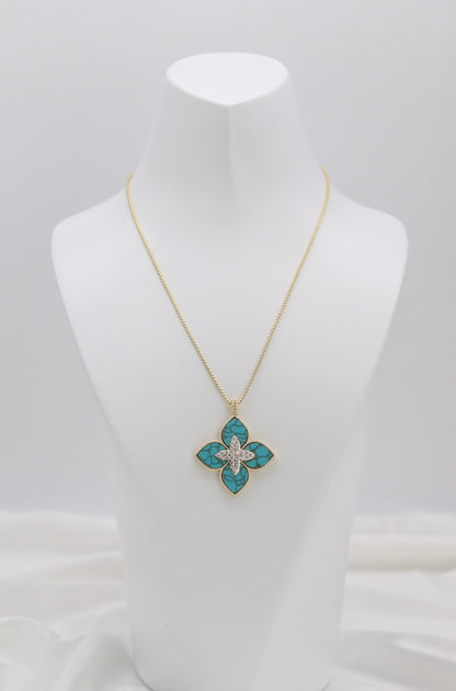 Turquoise Clover Statement Pendant Necklace – Gold Tone with Crystal Center