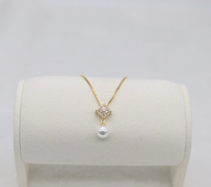 Gold Pearl Drop Necklace – Diamond Accent Square Pendant