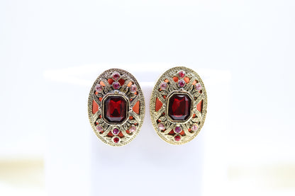 Enameled Renaissance Style With Fine Ruby Red CZ Pendant Oval Necklace With Matching Clip On Earrings