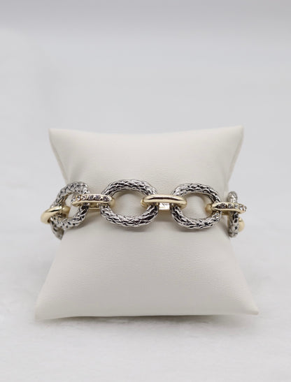 Textured Silver and Gold Link Bracelet with Crystal Accents