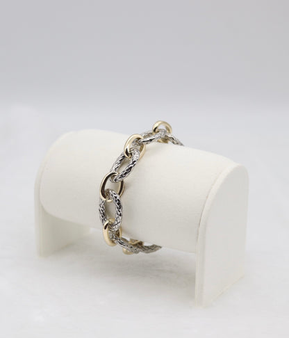 Textured Silver and Gold Link Bracelet with Crystal Accents
