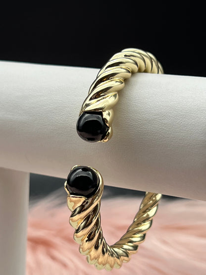 Gold Cable Cuff Bracelet With Black Gemstone