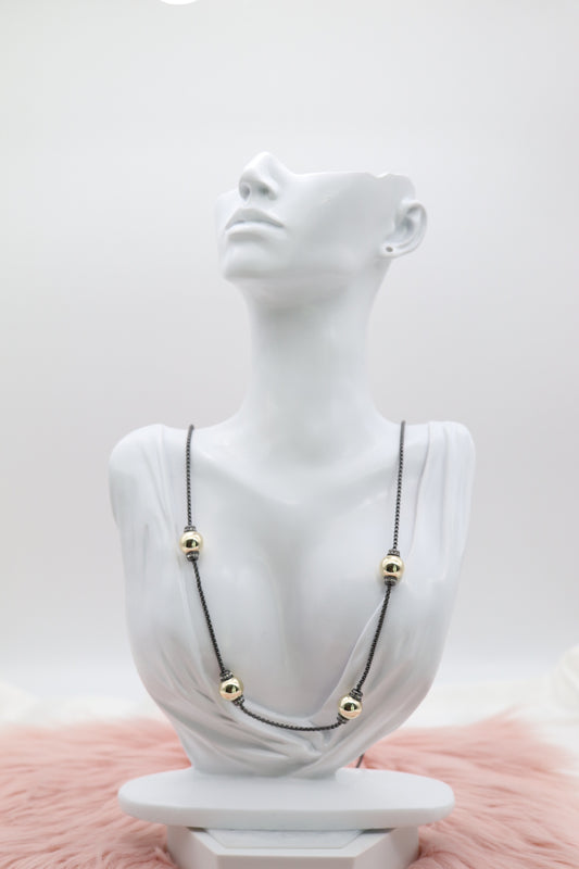 Long Black Necklace With Gold Ball Stations