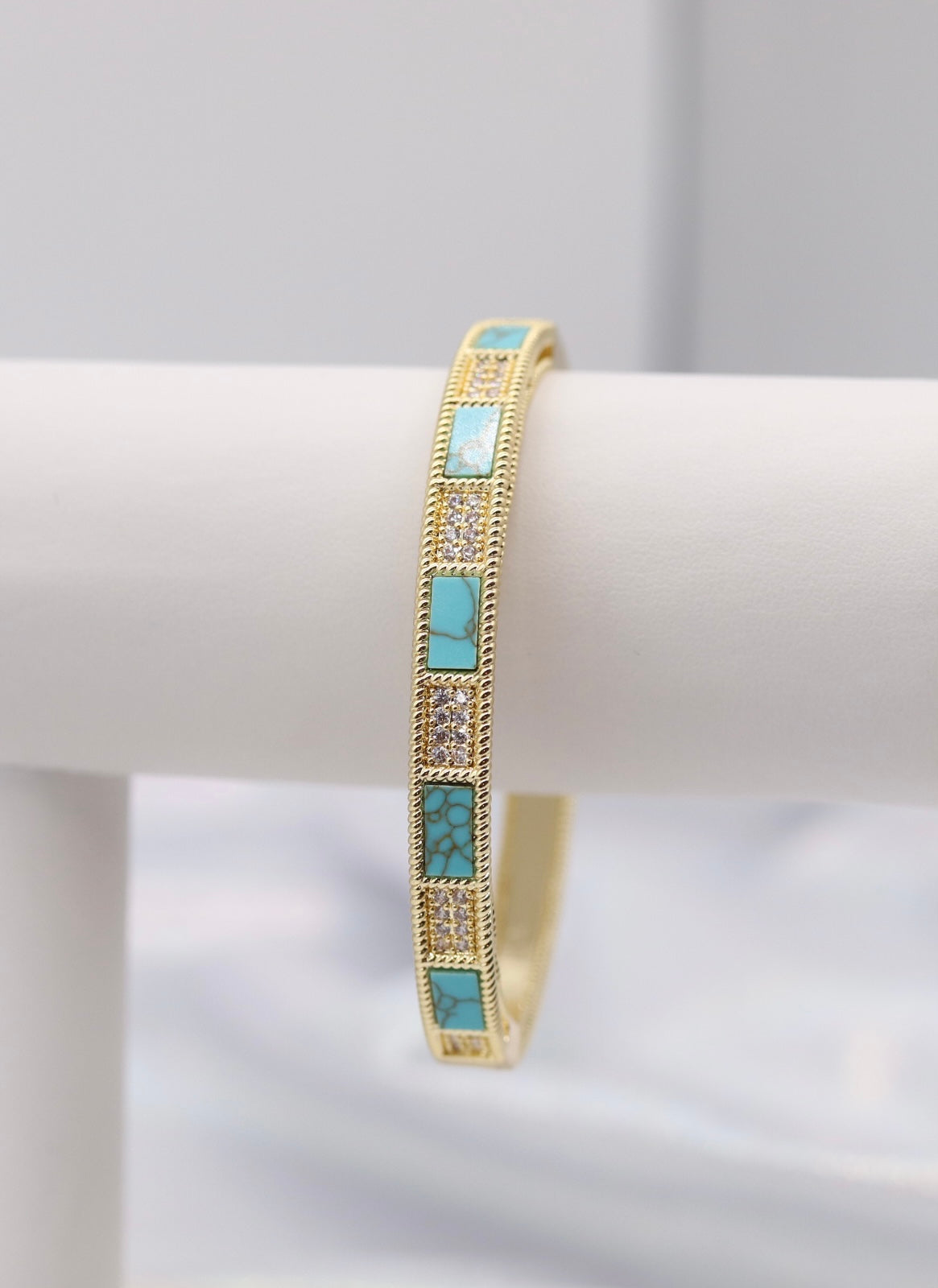 Gold Hinge Bangle Braclet With Turquoise And CZ Paved Stations