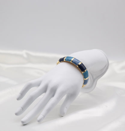 Gold Blue Multi-Tone Enamel Hinged Bangle Bracelet