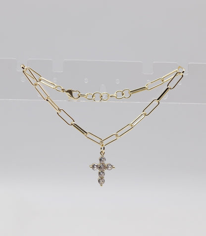 Gold Paperclip Chain Bracelet with CZ Cross Charm