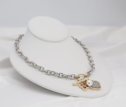 Silver Rope Chain Charm Necklace with Gold Accents & Multi-Charm Cluster