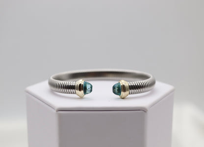 Silver Tubogas Cuff Bracelet With Light Blue Crystal Ends