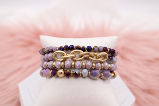 Gold Purple Glass Bead Bracelet Set
