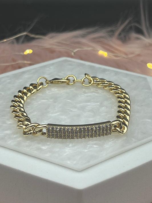Small Gold Link With CZ Bar Bracelet