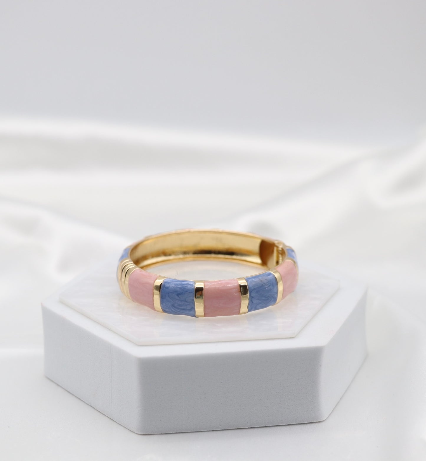 Gold Pink & Blue Multi-Tone Enamel Hinged Bangle Bracelet