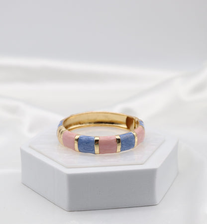 Gold Pink & Blue Multi-Tone Enamel Hinged Bangle Bracelet