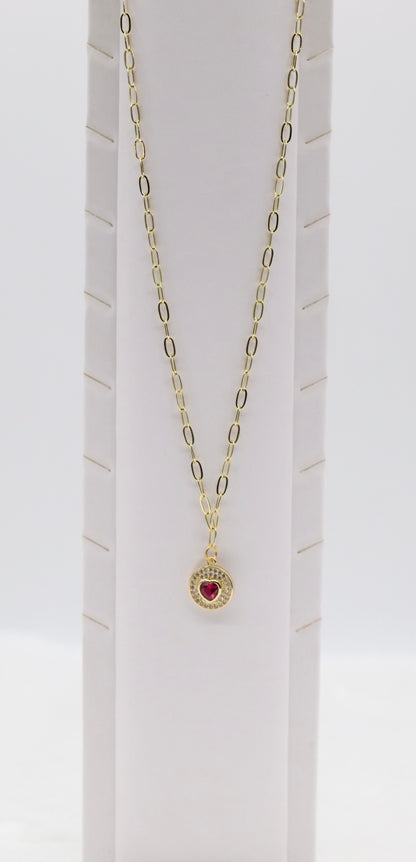 Gold Heart Pendant Necklace – Red Gemstone Center with Crystal Halo