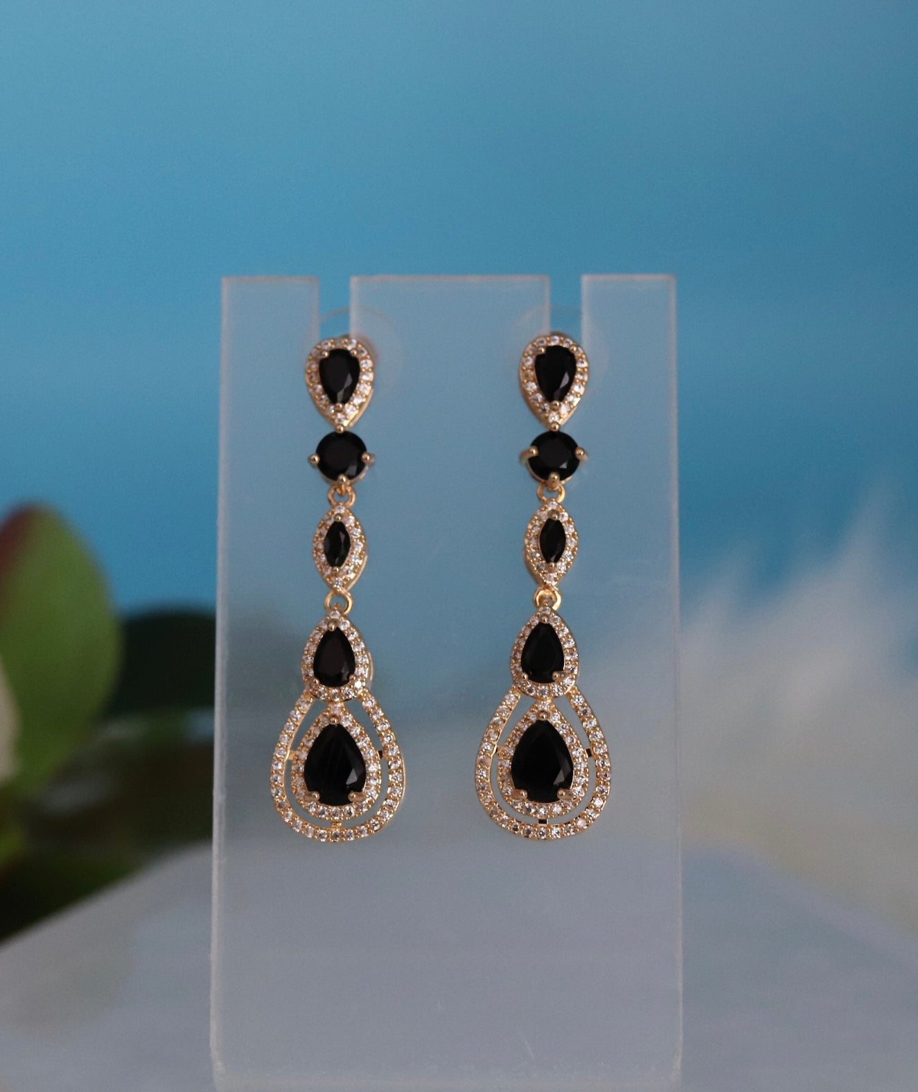 Pear Shaped Black CZ Dangling Earrings