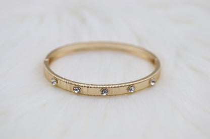 Gold Textured Hinge Bangle Bracelet With CZ Stations