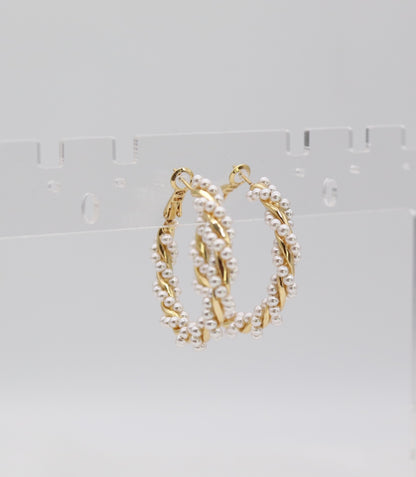 Gold Twisted Pearl Hoop Earrings