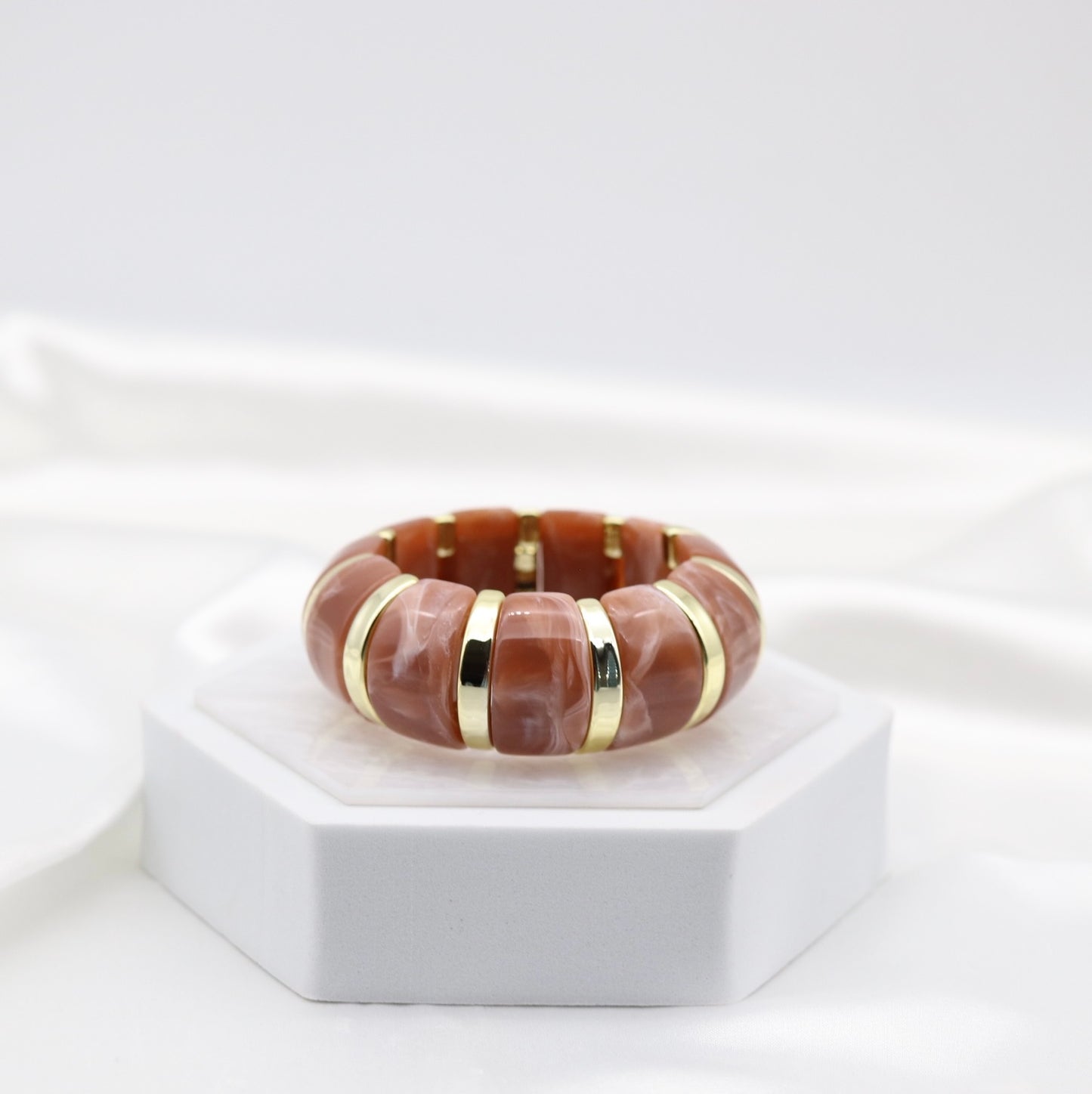 Terracotta Marble Stretch Bracelet with Polished Gold Accents