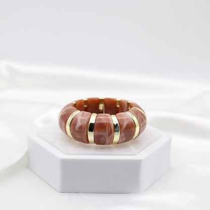 Terracotta Marble Stretch Bracelet with Polished Gold Accents