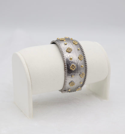 Wide Textured Silver Cuff Bracelet with Gold Floral Accents