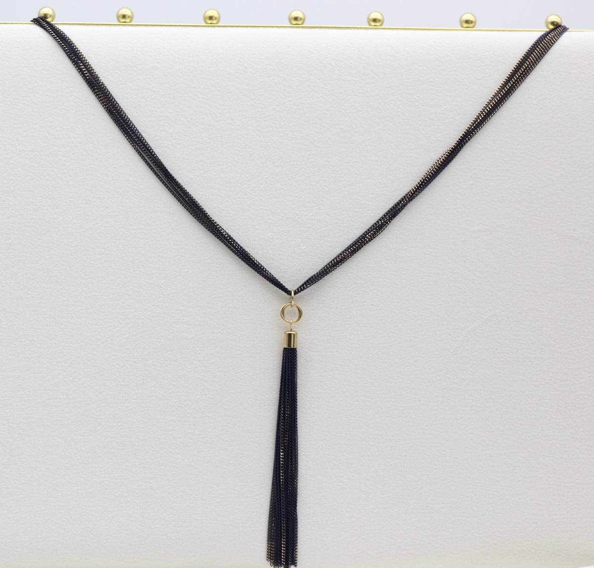 Black Multi-Strand Chain Tassel Necklace with Gold Accents