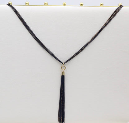 Black Multi-Strand Chain Tassel Necklace with Gold Accents
